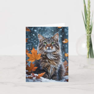 Beautiful Grey Tabby Cat Fall Leaves Blank Card
