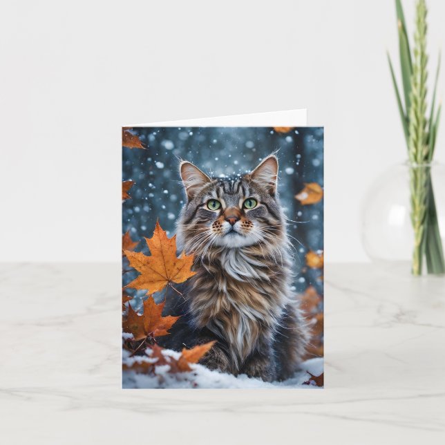 Beautiful Grey Tabby Cat Fall Leaves Blank  Card (Front)