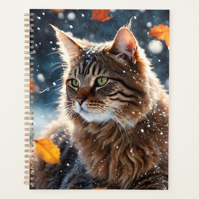 Beautiful Grey Tabby Cat Fall Leaves Planner (Front)