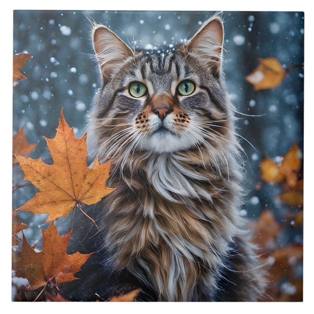 Beautiful Grey Tabby Cat Fall Leaves Portrait  Tile (Front)
