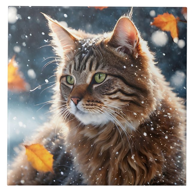 Beautiful Grey Tabby Cat Fall Leaves Portrait  Tile (Front)