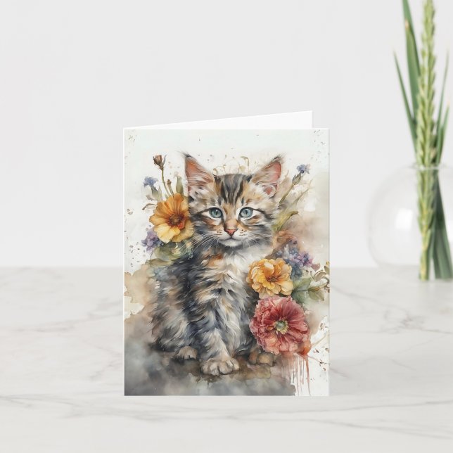 Beautiful Grey Tabby Cat Flowers Blank Greeting  Card (Front)