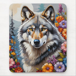 Beautiful grey wolf and flowers mouse mat
