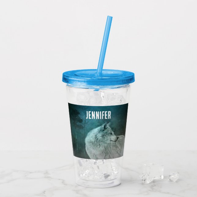 Beautiful Grey Wolf in a Dark Forest Acrylic Tumbler (Back Ice)