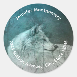 Beautiful Grey Wolf in a Dark Forest Address Classic Round Sticker