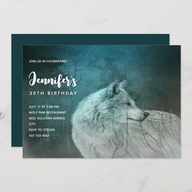 Beautiful Grey Wolf in a Dark Forest Birthday Invitation (Front/Back)