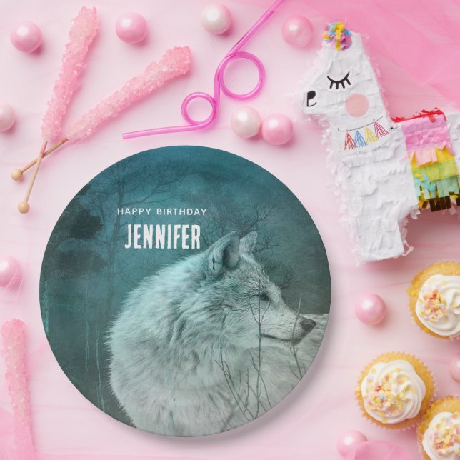 Beautiful Grey Wolf in a Dark Forest Birthday Paper Plate (Party)