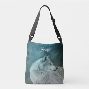 Beautiful Grey Wolf in a Dark Forest Crossbody Bag