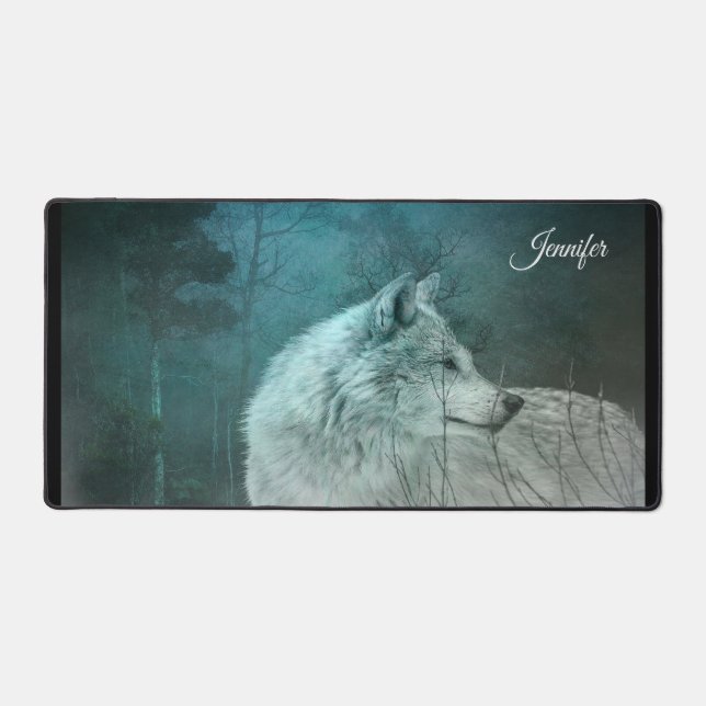 Beautiful Grey Wolf in a Dark Forest Desk Mat (Front)