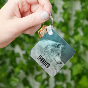 Beautiful Grey Wolf in a Dark Forest Key Ring