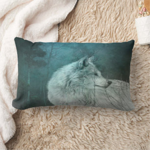 Beautiful Grey Wolf in a Dark Forest Lumbar Cushion