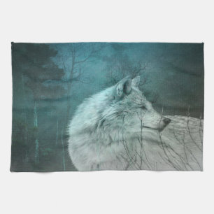 Beautiful Grey Wolf in a Dark Forest Tea Towel