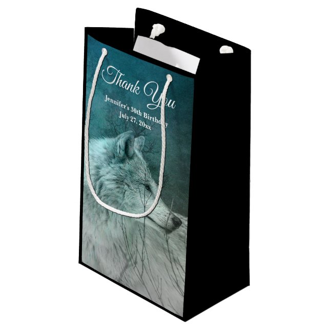 Beautiful Grey Wolf in a Dark Forest Thank You Small Gift Bag (Back Angled)