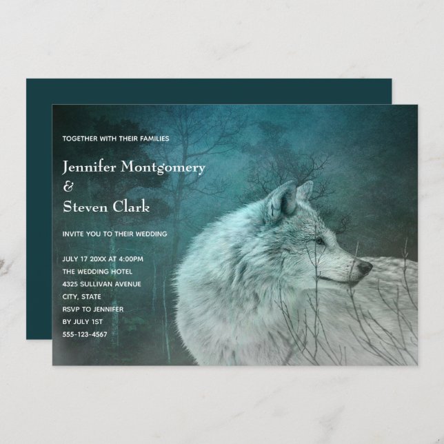 Beautiful Grey Wolf in a Dark Forest Wedding Invitation (Front/Back)