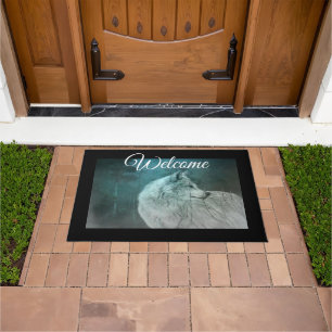 Beautiful Grey Wolf in a Dark Forest Welcome Doormat