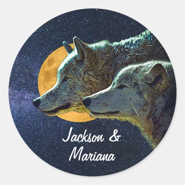 Beautiful Grey Wolves at Night  Classic Round Sticker (Front)
