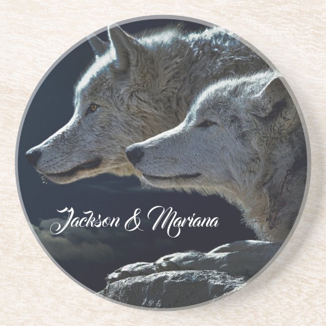 Beautiful Grey Wolves at Night Coaster (Front)
