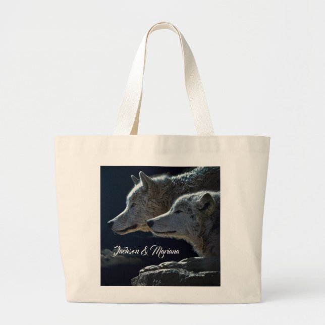 Beautiful Grey Wolves at Night Large Tote Bag (Front)