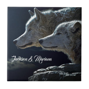 Beautiful Grey Wolves at Night Tile