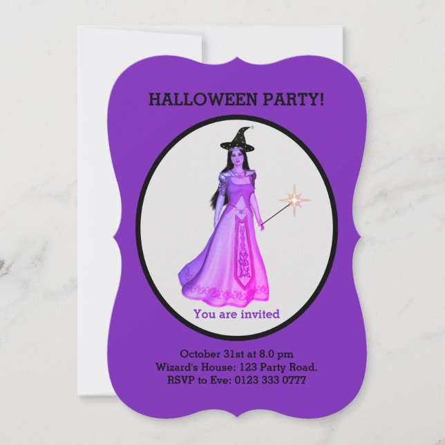 Beautiful Halloween Witch on Black & Purple Invitation (Front)
