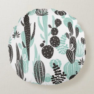 Beautiful hand drawn cacti doodle seamless pattern round cushion