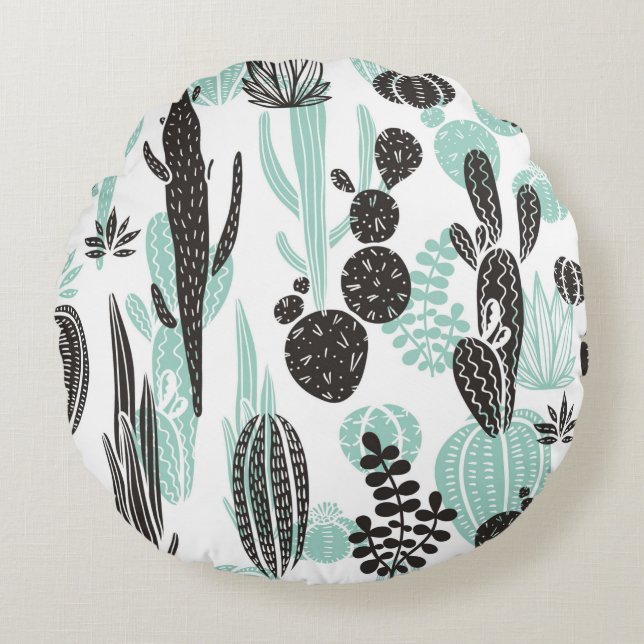 Beautiful hand drawn cacti doodle seamless pattern round cushion (Front)