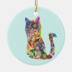Beautiful hand drawn flower cat ceramic tree decoration