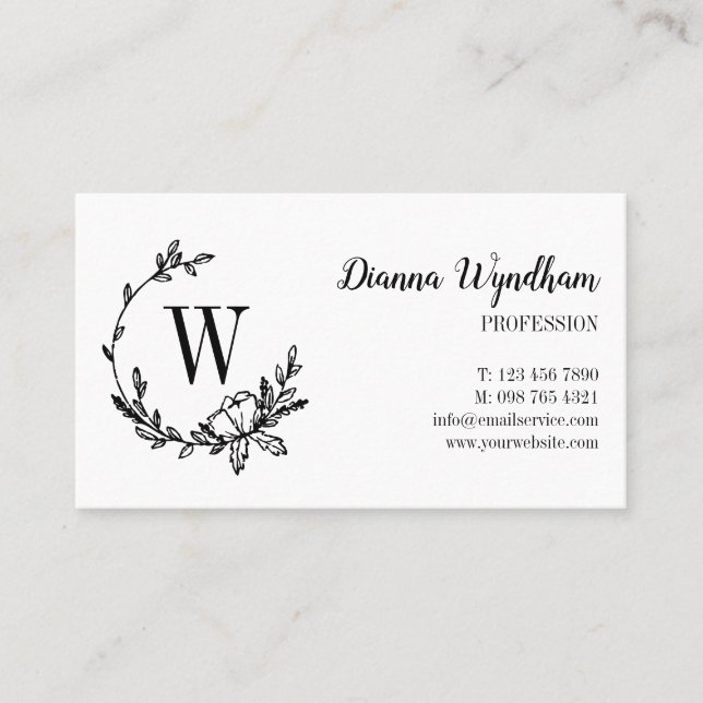Beautiful Hand Drawn Flower Wreath Monogram Business Card (Front)