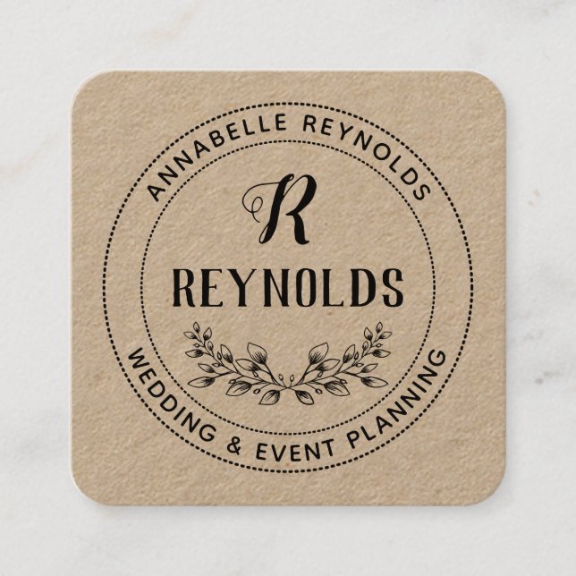 Beautiful Hand Drawn Half Wreath Monogram Square Business Card (Front)