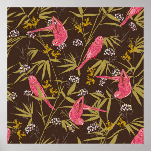 Beautiful Hand drawn parrot birds in Bamboo forest Poster