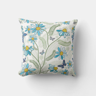 Beautiful Hand Drawn Pastel Blue Floral Pattern Cushion