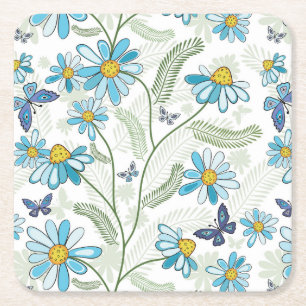 Beautiful Hand Drawn Pastel Blue Floral Pattern Square Paper Coaster