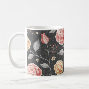 Beautiful Hand Drawn Pink and Yellow Rose Pattern Coffee Mug