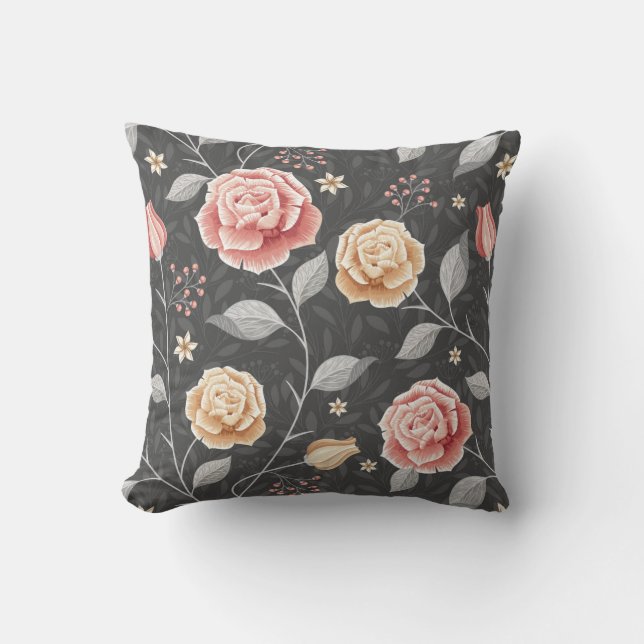 Beautiful Hand Drawn Pink and Yellow Rose Pattern Cushion (Front)