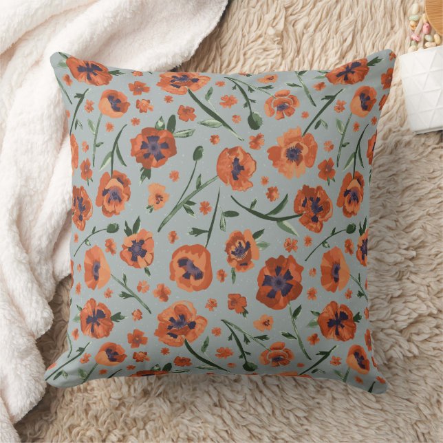 Beautiful Hand Painted Orange Poppy Flower Pattern Cushion (Blanket)