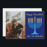 Beautiful Hanukkah Blue and Gold Photo<br><div class="desc">A perfect Hanukkah greeting, this card features a deep blue background with "Happy Hanukkah" written in lovely golden cursive. There is a blue menorah with gold coloured candles. Underneath is another template for customising your name. The back features blue and gold menorahs on a white background. Personalise your greeting card...</div>