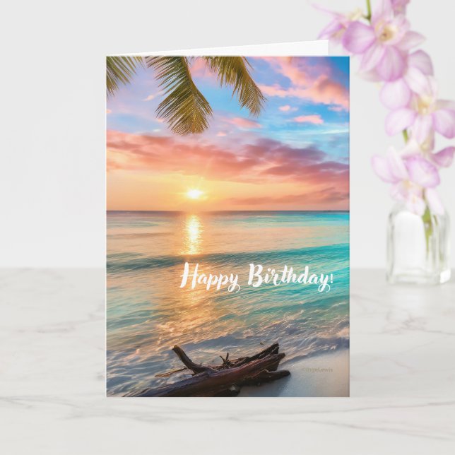 Beautiful Happy Birthday, Ocean View Sunset Card (Orchid)