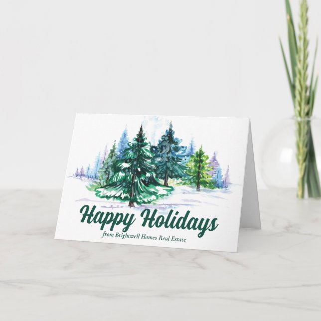 Beautiful Happy Holidays Christmas Trees Business Holiday Card (Front)
