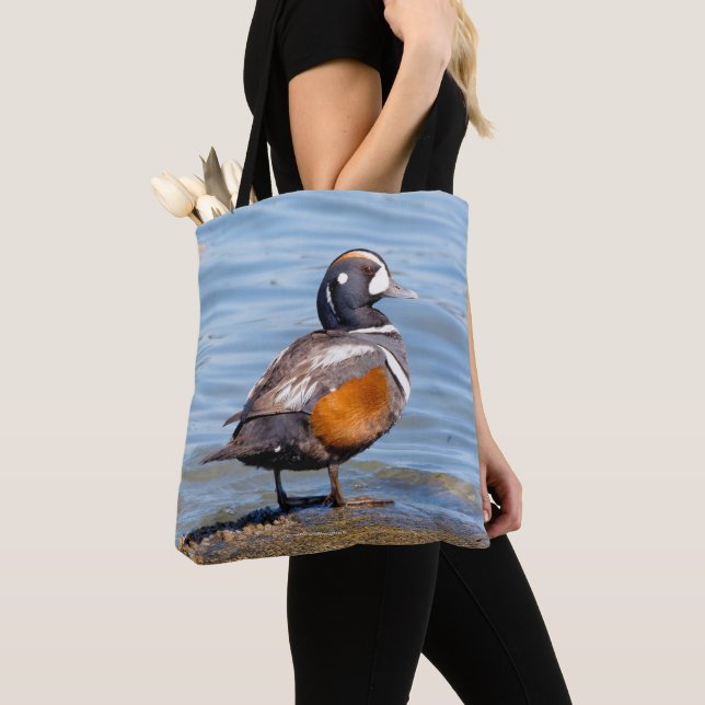 Beautiful Harlequin Duck on the Rock Tote Bag (Close Up)