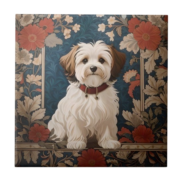 Beautiful Havanese Dog William Morris Floral Tile (Front)