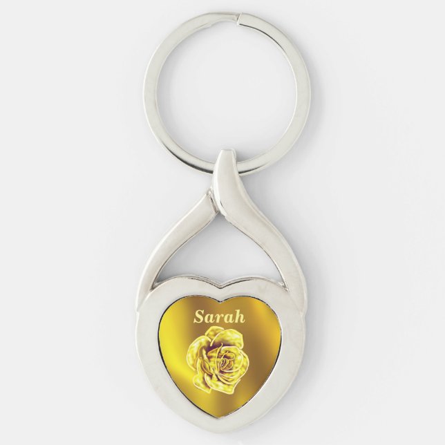 Beautiful Heart-shaped Golden Rose Personalised Key Ring (Front)