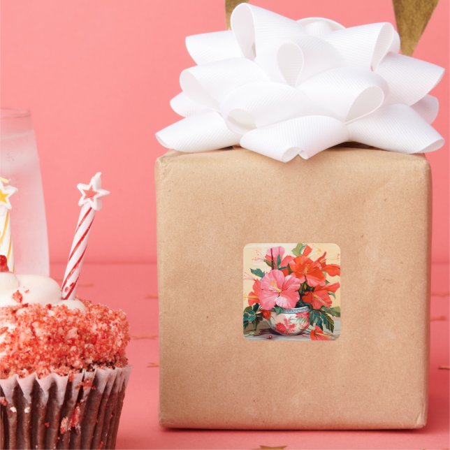 Beautiful Hibiscus Flowers, Pink/Red, Square Sticker (Party)