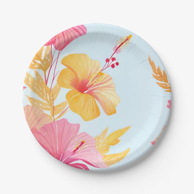 Beautiful Hibiscus | Tropical Flower Watercolor Paper Plate (Front)