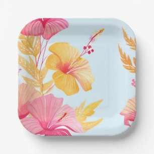 Beautiful Hibiscus   Tropical Flower Watercolor Paper Plate