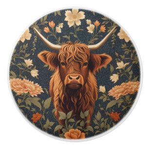 Beautiful Highland Cow Vintage Floral Ceramic Knob