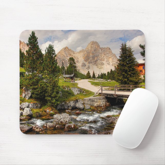 Beautiful Hiking Trail River, Trees & Mountains Mouse Mat (With Mouse)