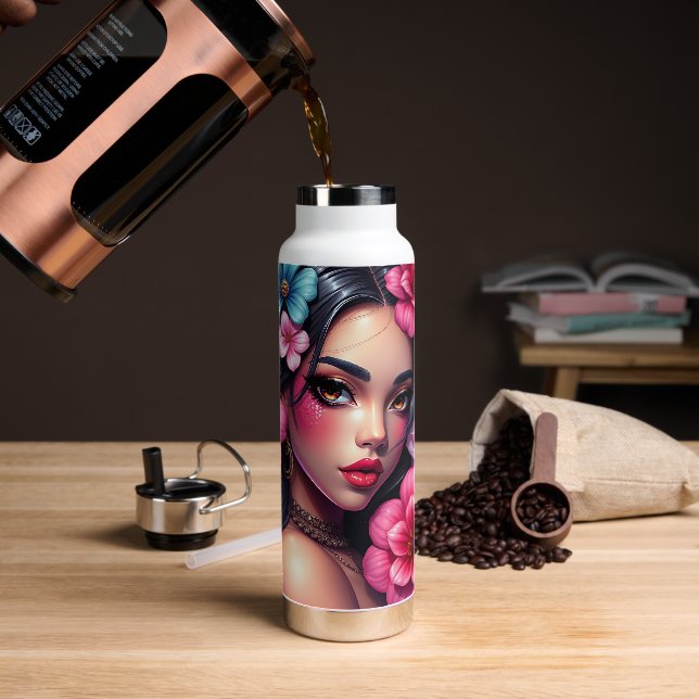 Beautiful Hispanic Anime Woman Water Bottle (Coffee)