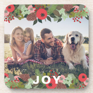 Beautiful Holiday Botanical Joy Type Photo Coaster