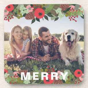 Beautiful Holiday Botanical Merry Type Photo Coaster