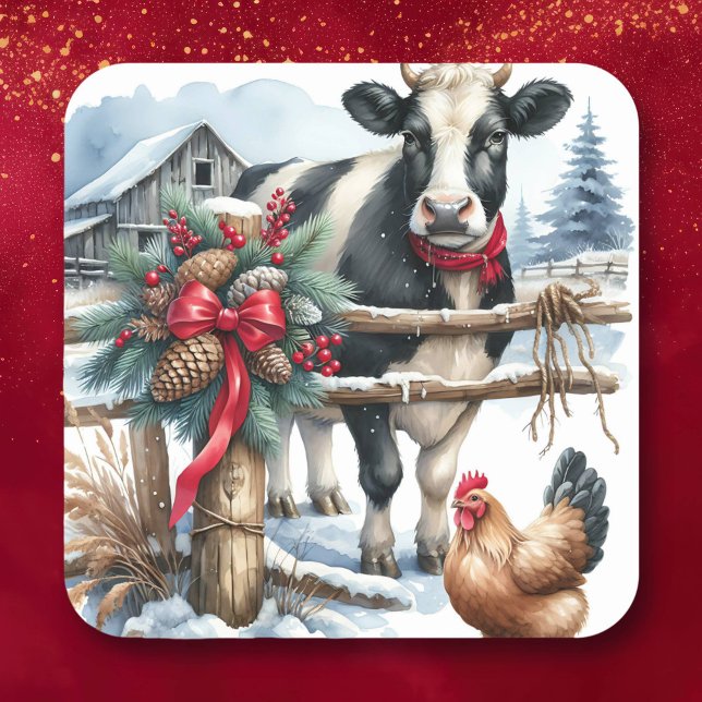 Beautiful Holiday Cow with Rooster Christmas Square Sticker (Creator Uploaded)